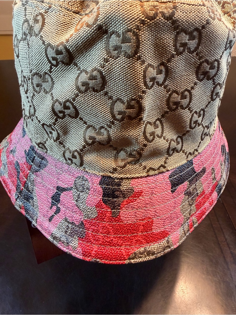 New Authentic Gucci GG Supreme Logo Pink Camo Bucket Hat Tan Size XL - Picture 4 of 16